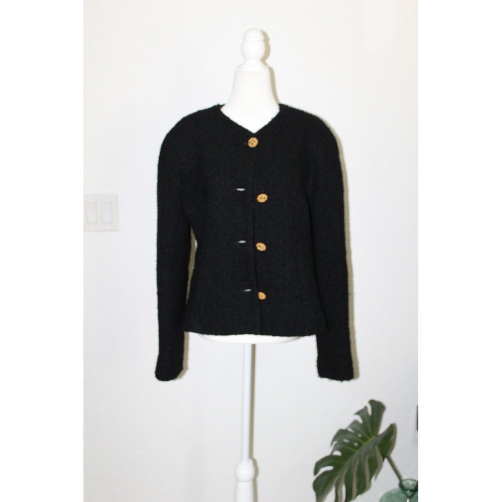 VTG Doncaster Black Wool Boucle Jacket Gold Button Blazer Womens 12 Made in USA